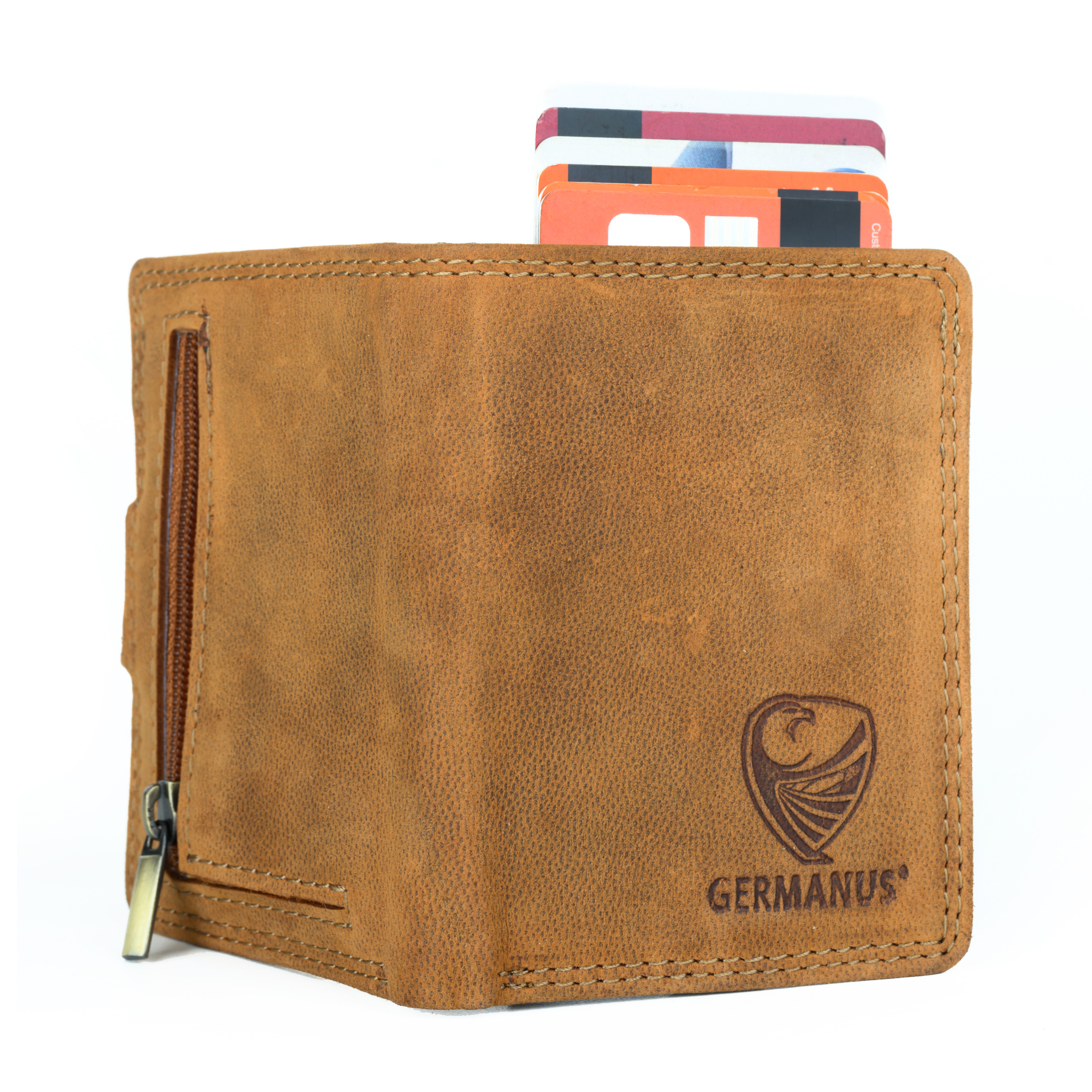 GERMANUS Geldbörse Metall Card Holder Halter mit Leder, 4007, braun
