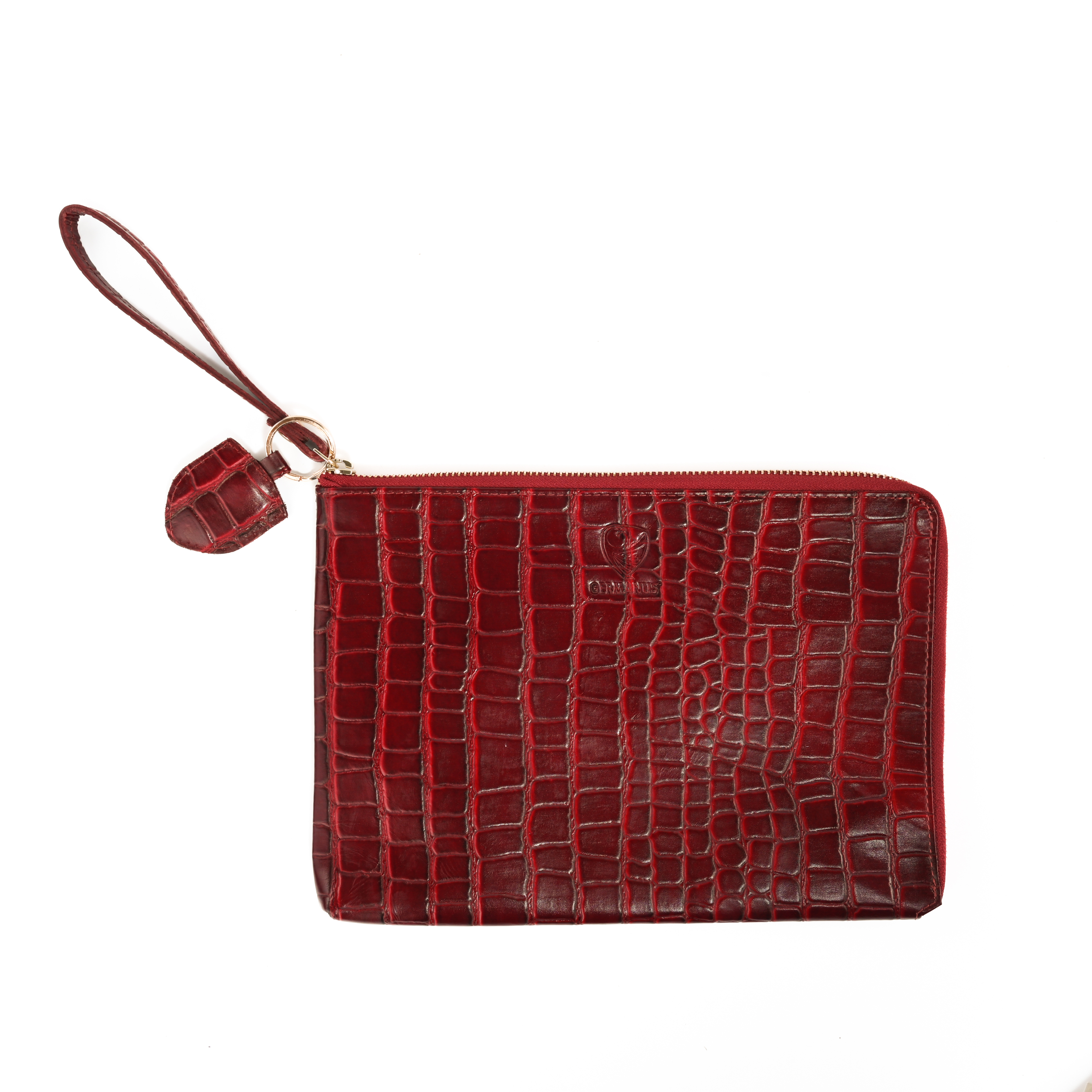 GERMANUS Clutch und Schlüsselanhänger Set Ella, Wristlet, Handgelenktasche, Leder Croco Rot