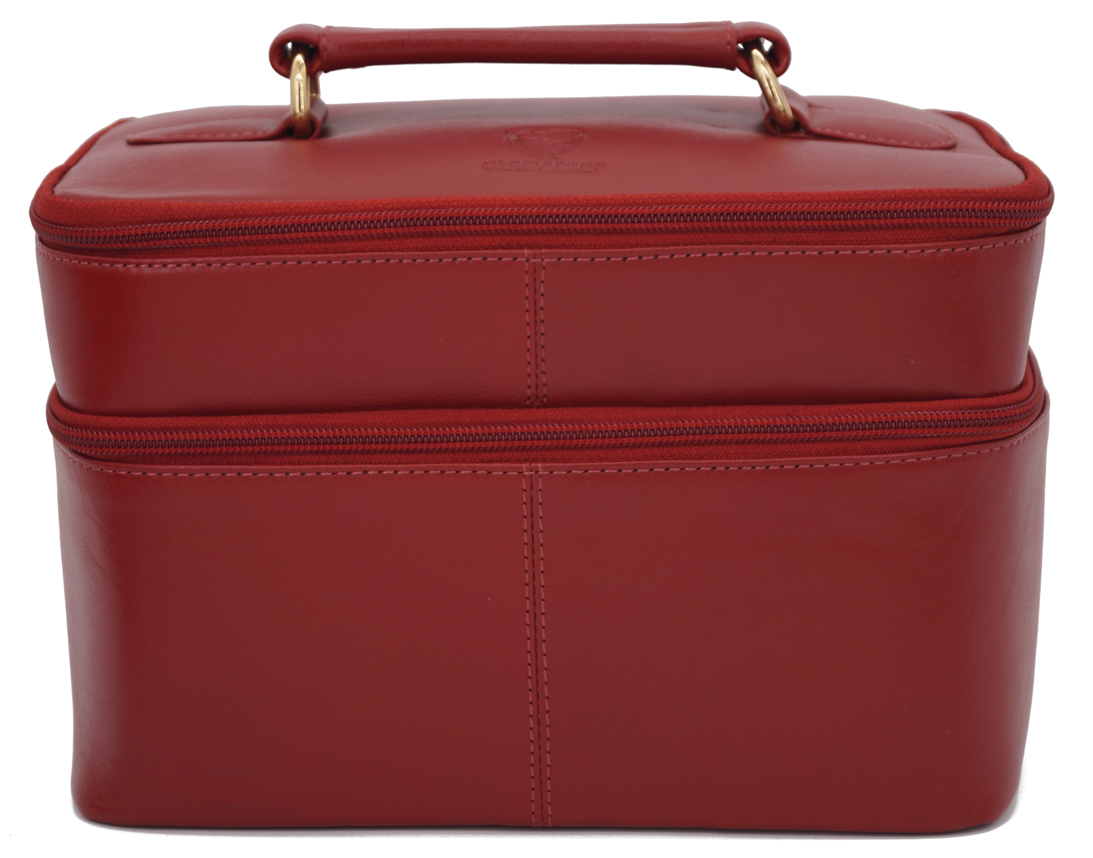 GERMANUS Handgemachte Kosmetiktasche Ina, Kosmetikkoffer und Kulturtasche aus dickem Leder (Rot)