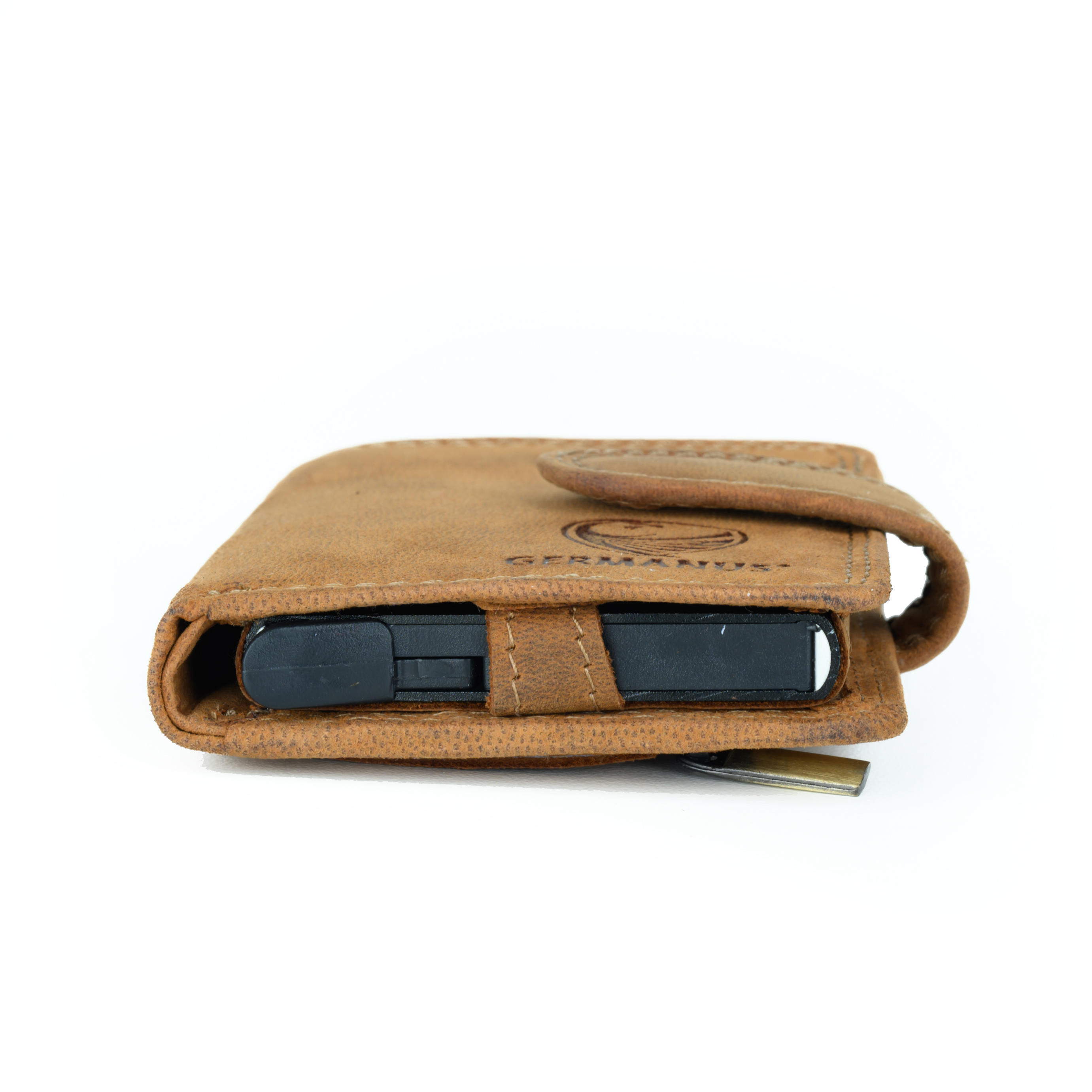 GERMANUS Geldbörse Metall Card Holder Halter mit Leder, 4007, braun