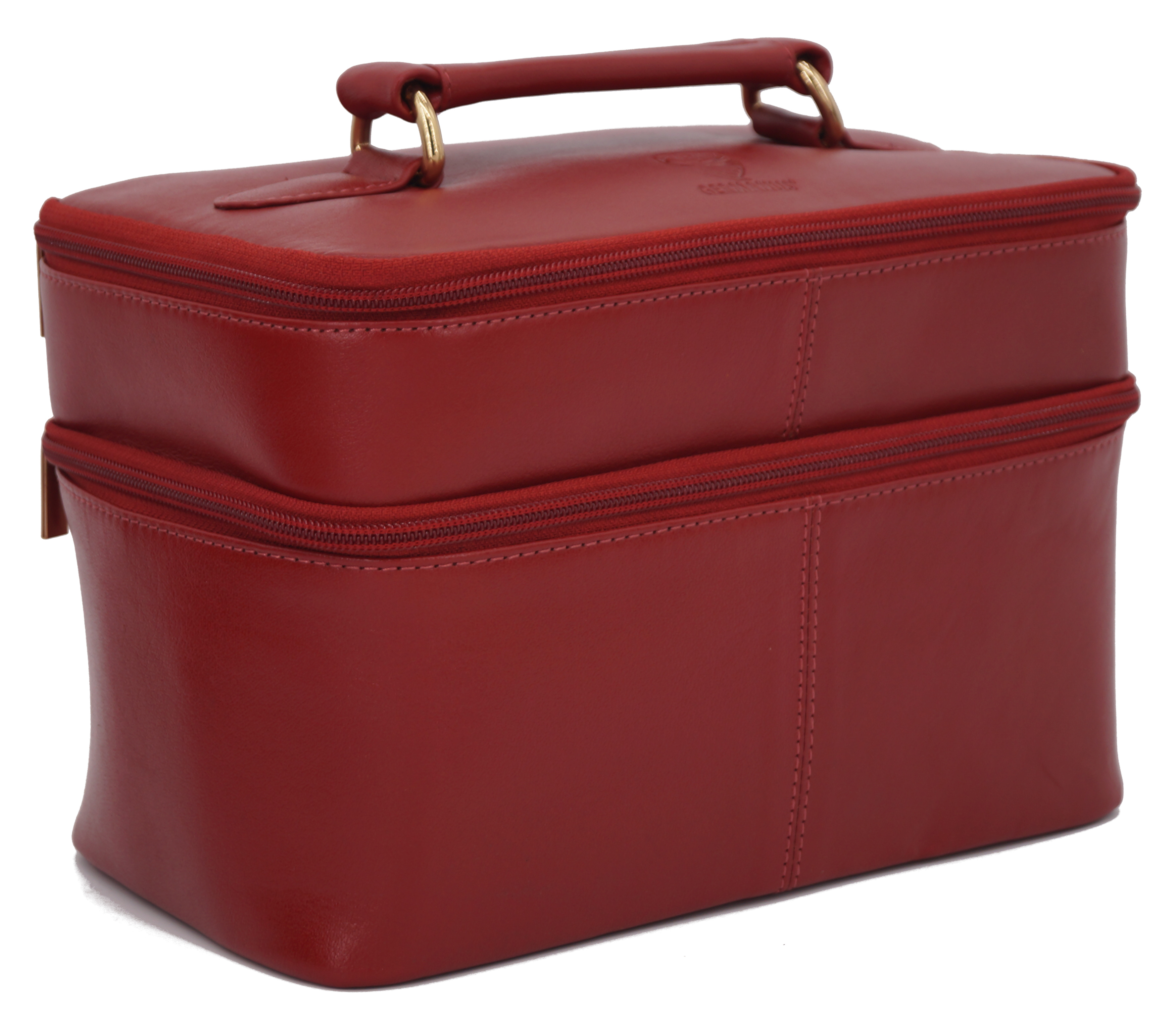 GERMANUS Handgemachte Kosmetiktasche Ina, Kosmetikkoffer und Kulturtasche aus dickem Leder (Rot)