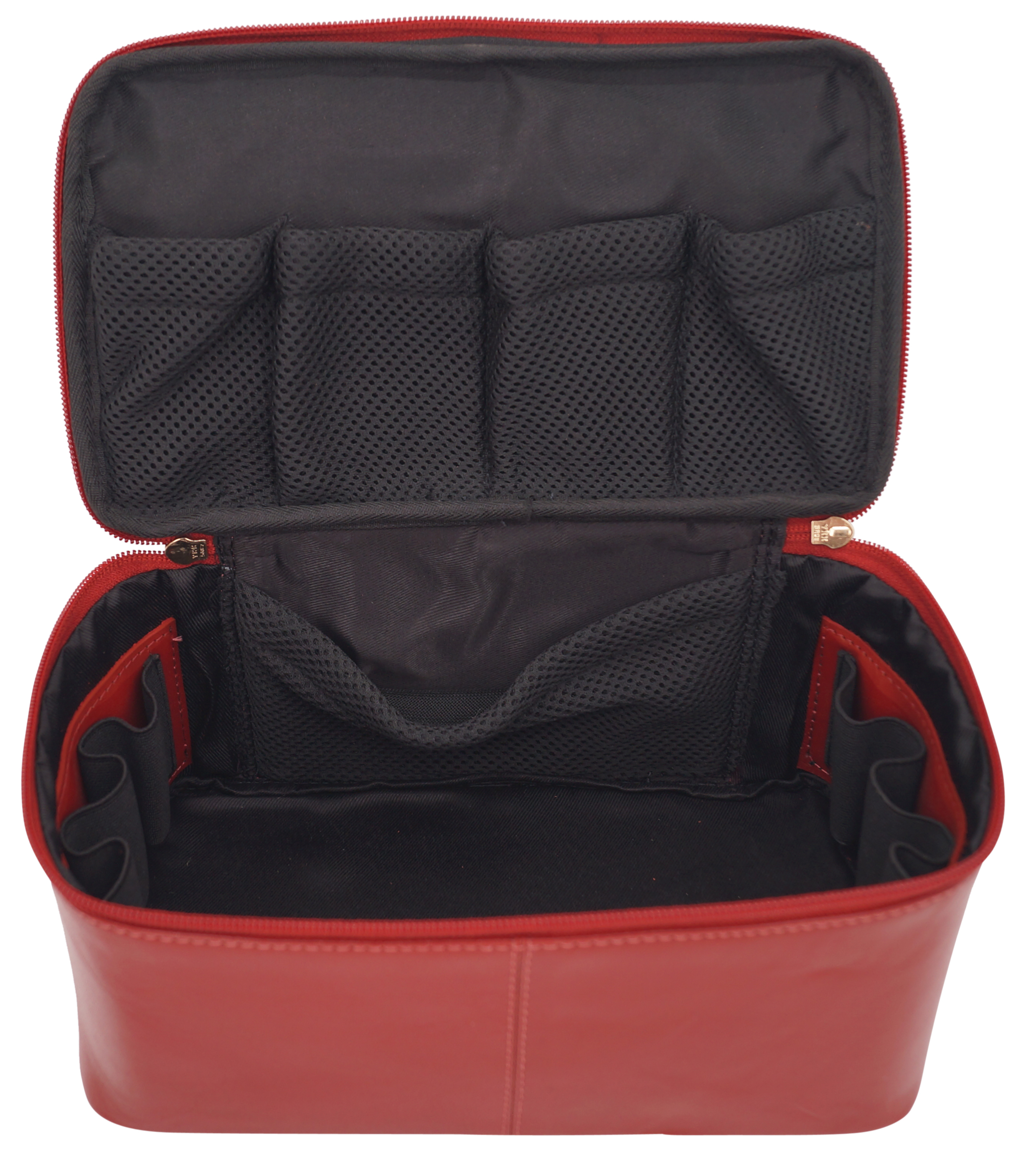 GERMANUS Handgemachte Kosmetiktasche Ina, Kosmetikkoffer und Kulturtasche aus dickem Leder (Rot)