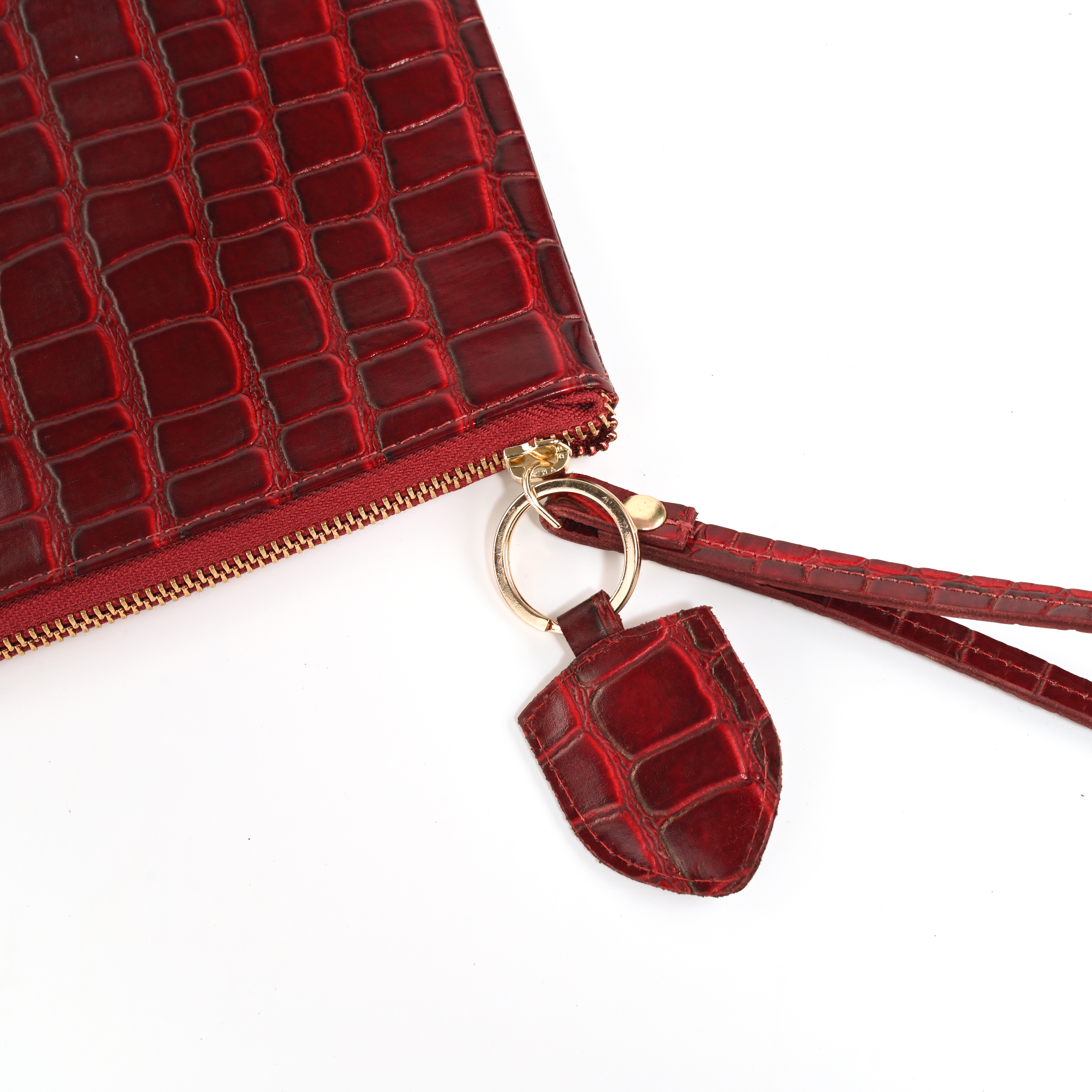 GERMANUS Clutch und Schlüsselanhänger Set Ella, Wristlet, Handgelenktasche, Leder Croco Rot