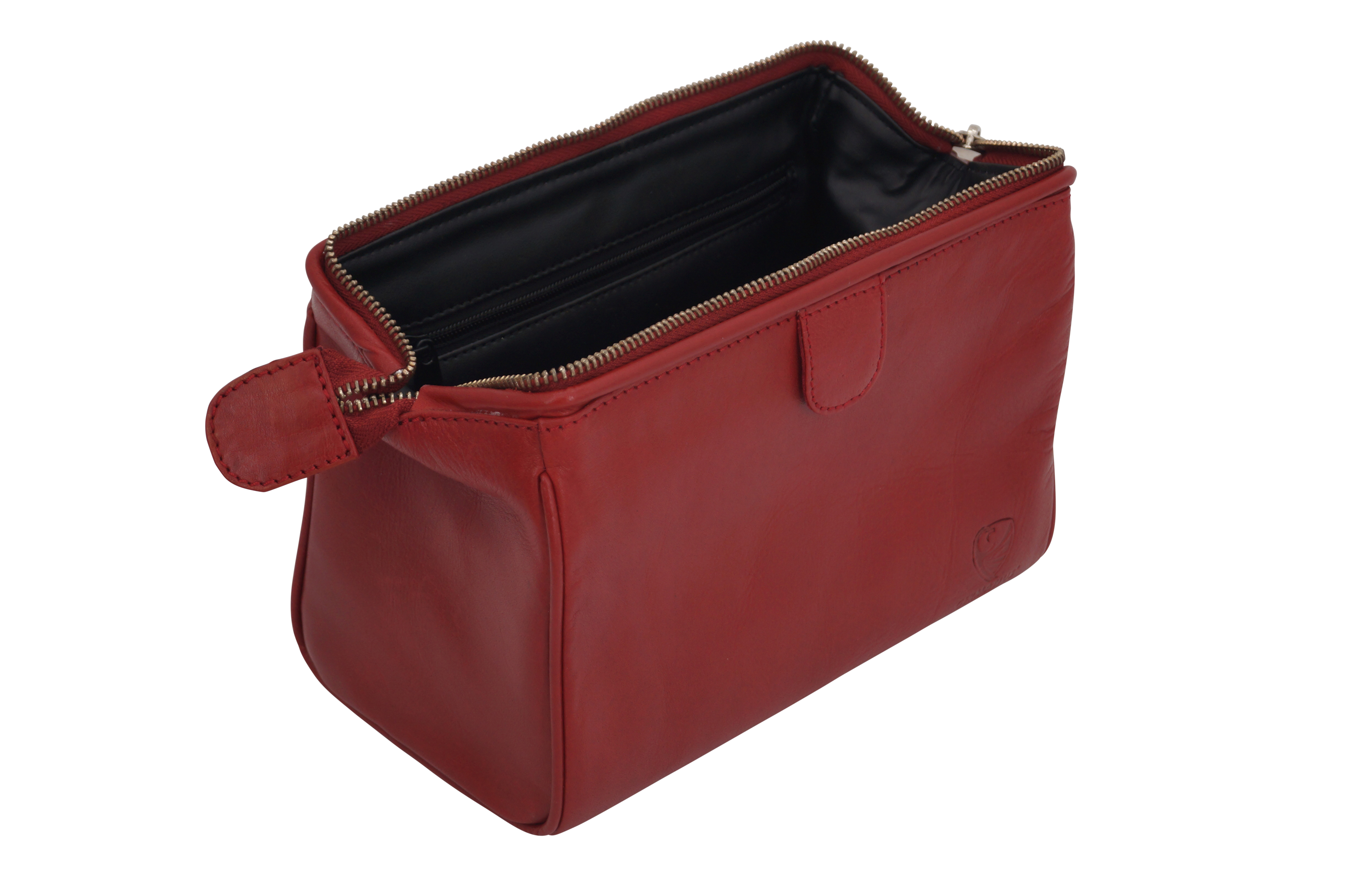 Handgemachte Kosmetiktasche Elin, Kosmetikkoffer und Kulturtasche aus dickem Leder, rot