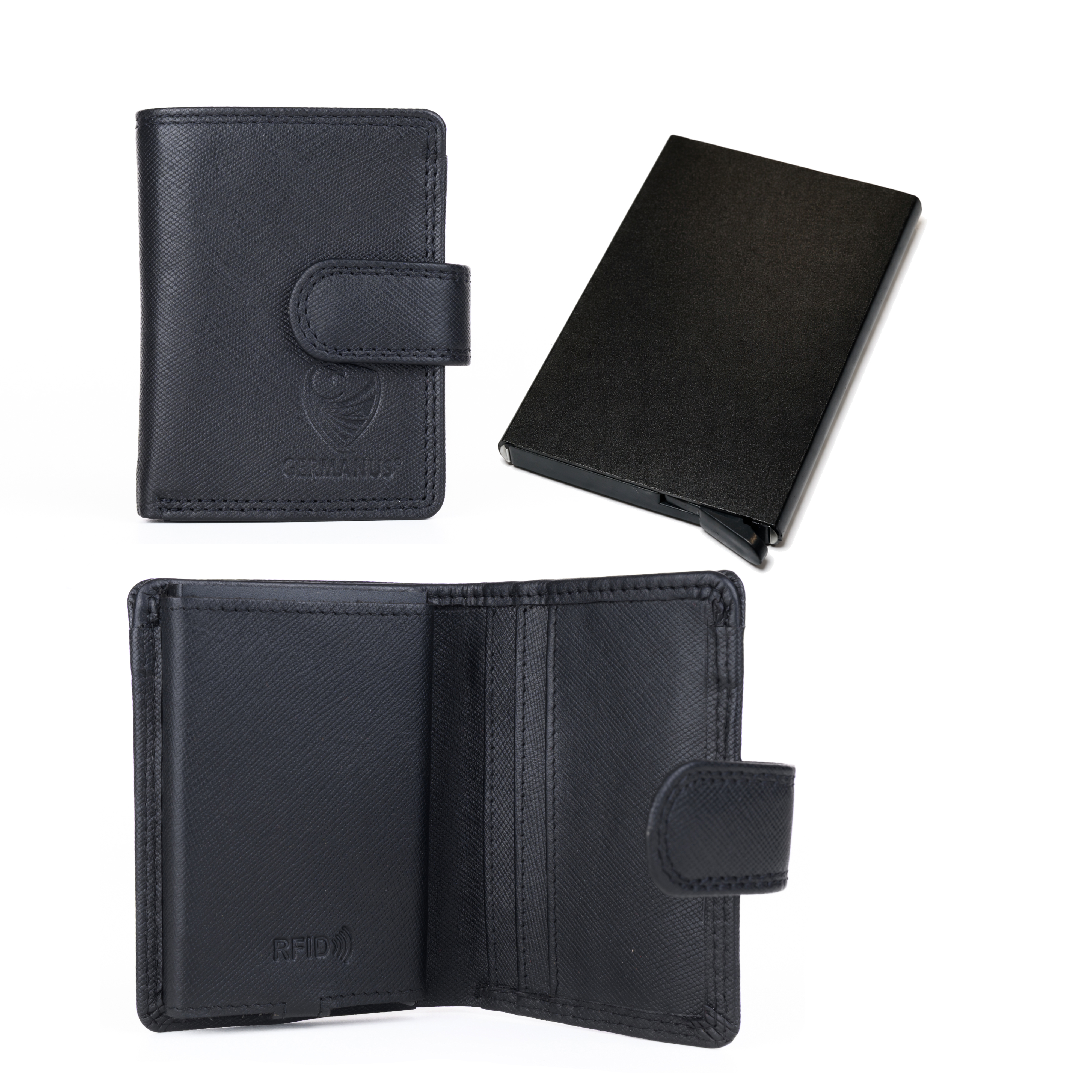 GERMANUS Geldbörse Metall Card Holder Halter mit Leder, 4007, schwarz