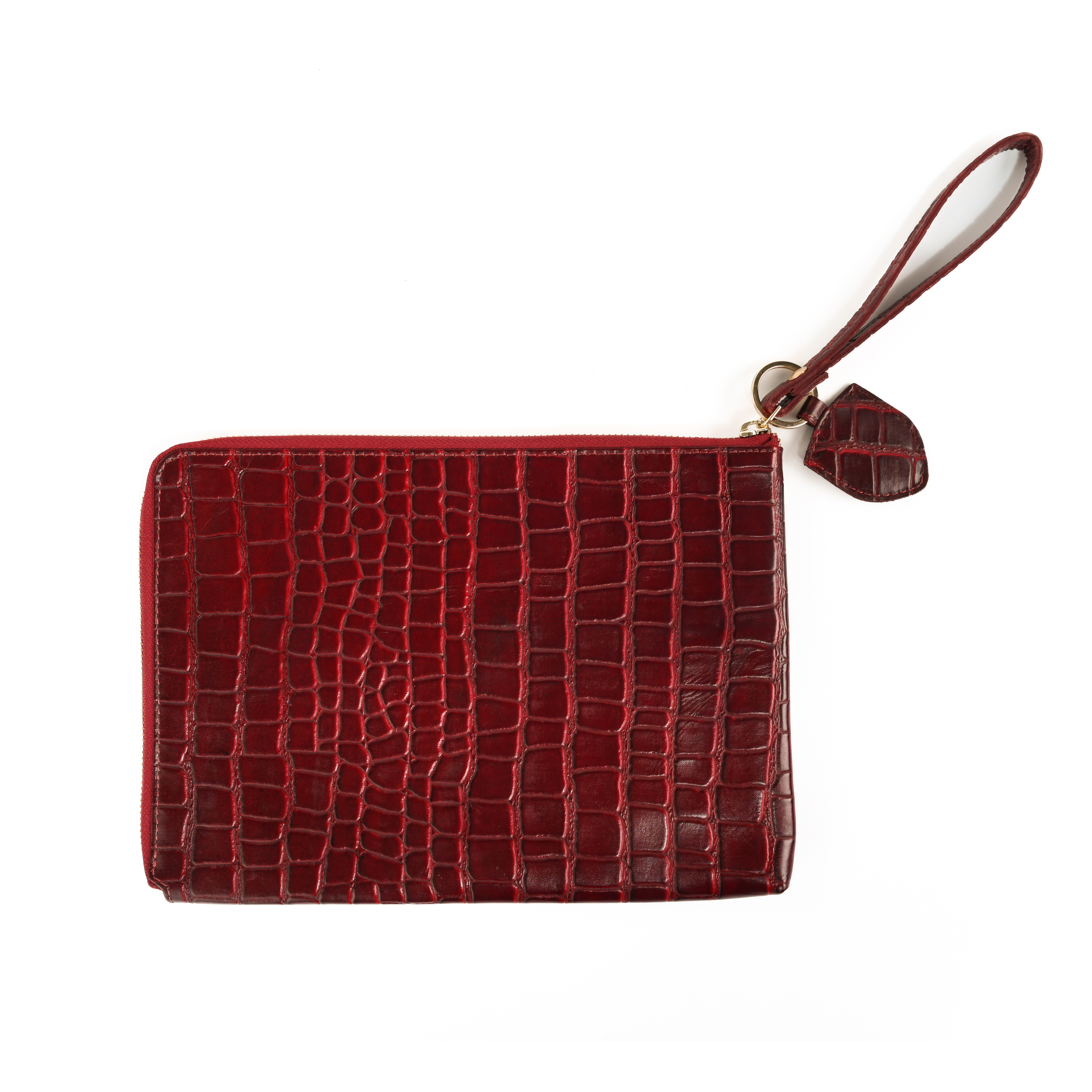 GERMANUS Clutch und Schlüsselanhänger Set Ella, Wristlet, Handgelenktasche, Leder Croco Rot